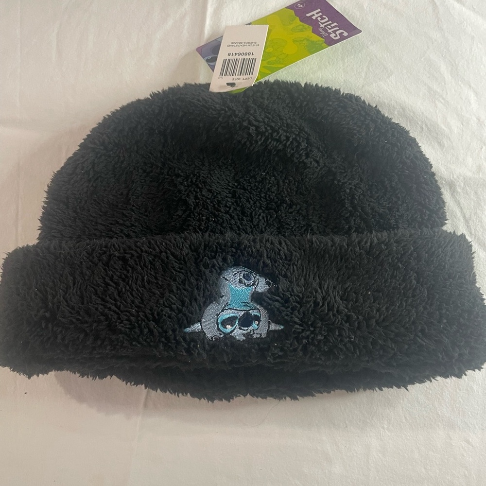 Disney Black Fuzzy Hat with Stitch Design